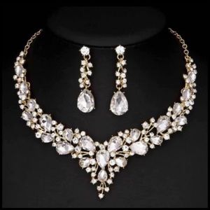 Gold/Rhinestones Wedding Set: Matching Necklace and Earrings